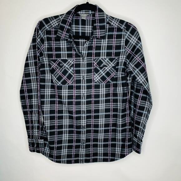 Eddie Bauer Black White Plaid Button Front Shirt Sz Medium - Picture 1 of 5